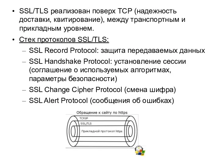 SSL/TLS реализован поверх TCP (надежность доставки, квитирование), между транспортным и прикладным уровнем.