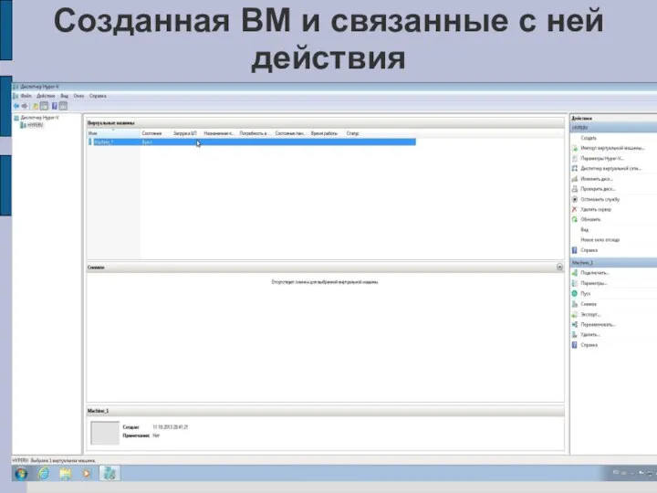 Созданная ВМ и связанные с ней действия