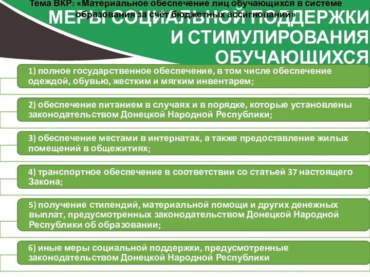 МЕРЫ СОЦИАЛЬНОЙ ПОДДЕРЖКИ И СТИМУЛИРОВАНИЯ ОБУЧАЮЩИХСЯ Тема ВКР: «Материальное обеспечение лиц обучающихся