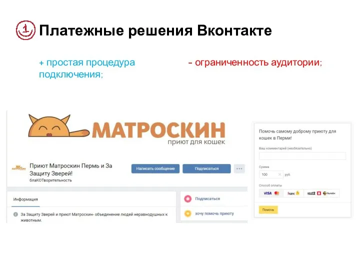 Платежные решения Вконтакте + простая процедура подключения; - ограниченность аудитории;