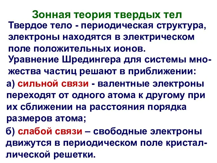 Зонная теория твердых тел Твердое тело - периодическая структура, электроны находятся в