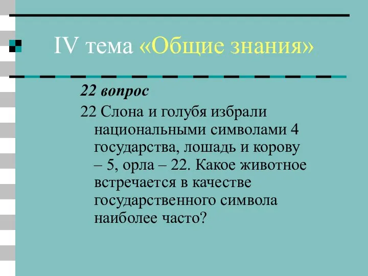 IV тема «Общие знания» 22 вопрос 22 Слона и голубя избрали национальными