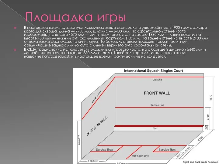 Площадка игры В настоящее время существуют международные официально утверждённые в 1920 году