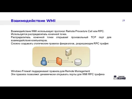 21 Взаимодействие WMI Взаимодействие WMI использовует протокол Remote Procedure Call или RPC.