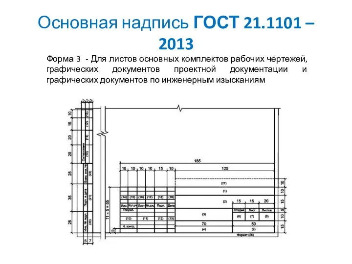 Основная надпись ГОСТ 21.1101 – 2013 Форма 3 - Для листов основных