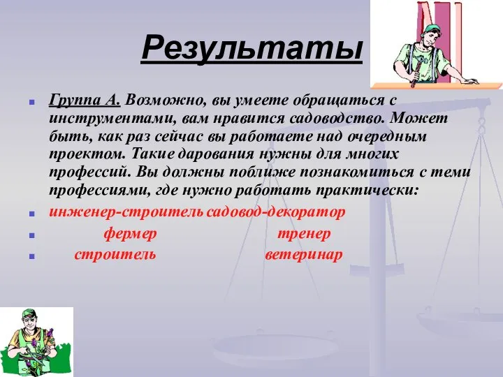 Результаты Группа А. Возможно, вы умеете обращаться с инструментами, вам нравится садоводство.