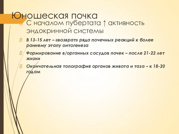 Юношеская почка С началом пубертата ↑ активность эндокринной системы В 13-15 лет