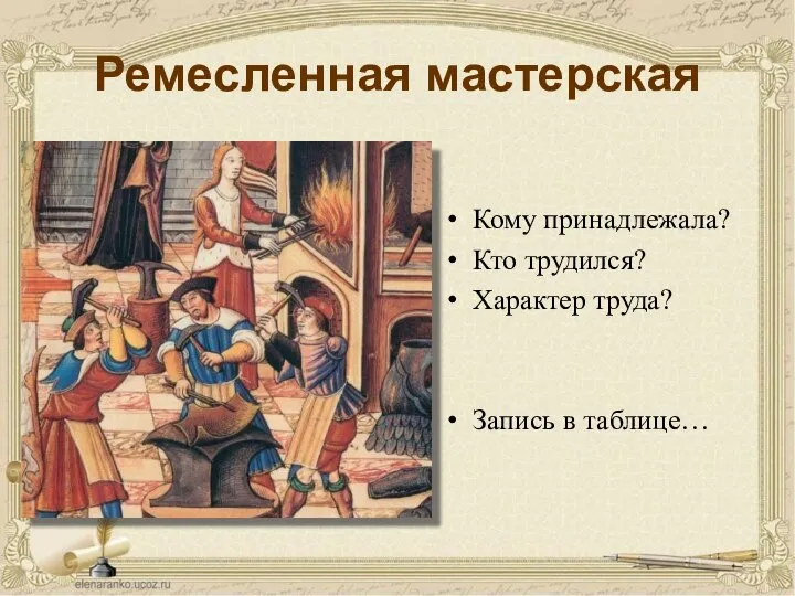 Ремесленная мастерская Кому принадлежала? Кто трудился? Характер труда? Запись в таблице…