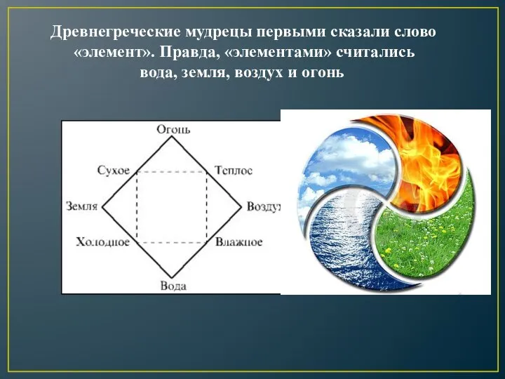 Древнегреческие мудрецы первыми сказали слово «элемент». Правда, «элементами» считались вода, земля, воздух и огонь