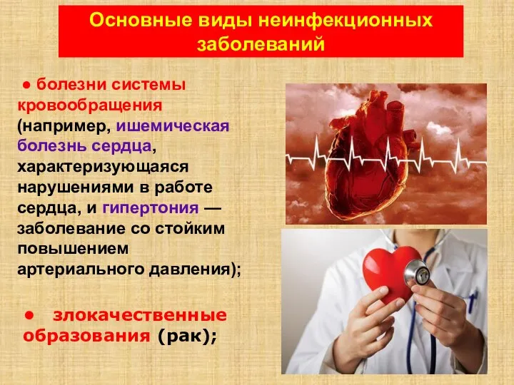 Основные виды неинфекционных заболеваний ● болезни системы кровообращения (например, ишемическая болезнь сердца,