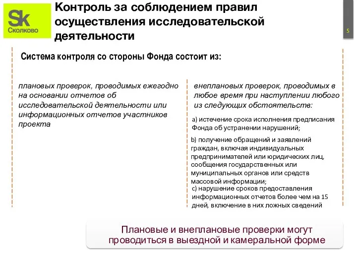 Контроль за соблюдением правил осуществления исследовательской деятельности Система контроля со стороны Фонда