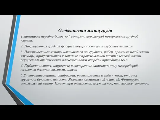 Особенности мышц груди 1 Занимают передне-боковую ( вентролатеральную) поверхность грудной клетки. 2.