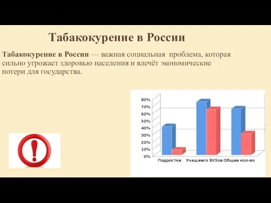 Табакокурение в России Табакокурение в России — важная социальная проблема, которая сильно