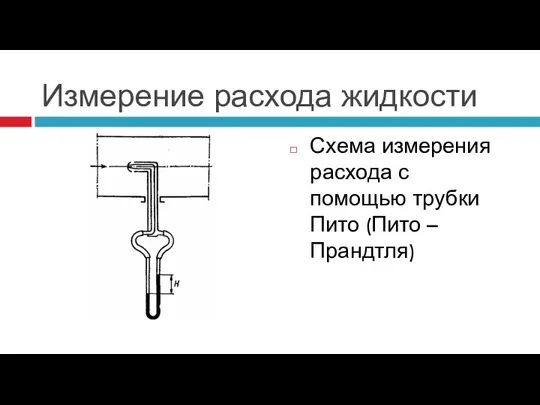 Измерение расхода жидкости Схема измерения расхода с помощью трубки Пито (Пито – Прандтля)