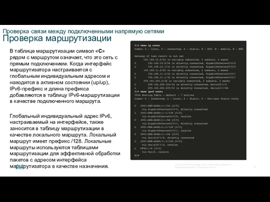 Проверка связи между подключенными напрямую сетями Проверка маршрутизации В таблице маршрутизации символ