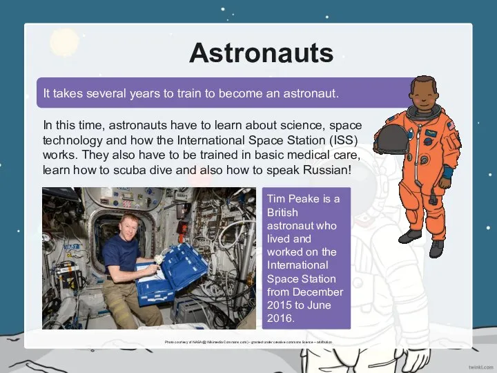 Astronauts It takes several years to train to become an astronaut. In