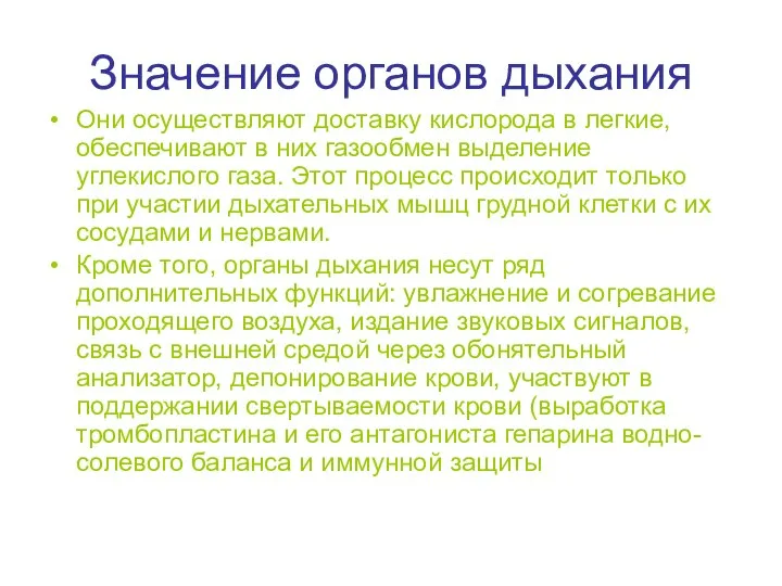 Значение органов дыхания Они осуществляют доставку кислорода в легкие, обеспечивают в них