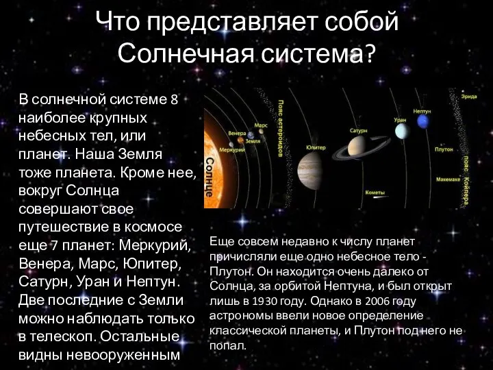 Что представляет собой Солнечная система? В солнечной системе 8 наиболее крупных небесных