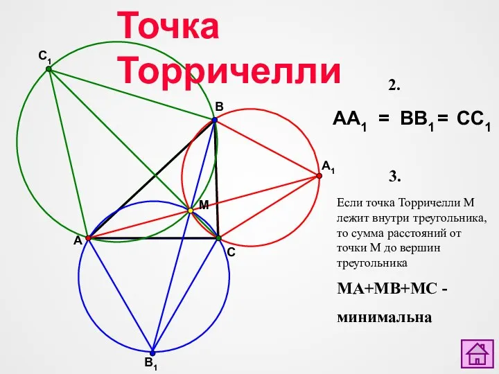 Точка Торричелли A1 A B1 C1 B C M AA1 BB1 CC1