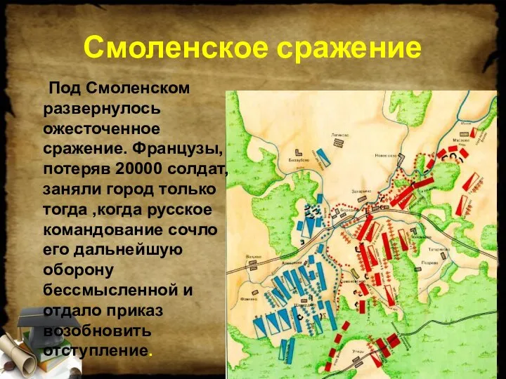 Смоленское сражение Под Смоленском развернулось ожесточенное сражение. Французы, потеряв 20000 солдат, заняли