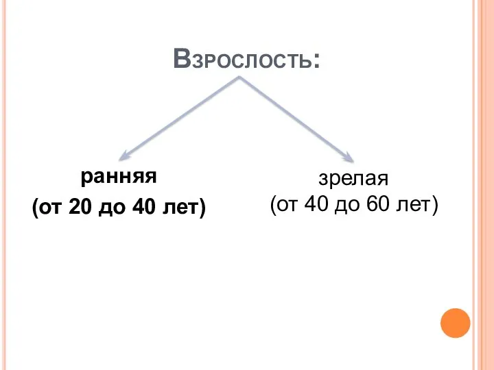 Взрослость: ранняя (от 20 до 40 лет) зрелая (от 40 до 60 лет)