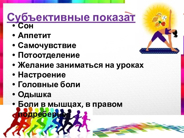 Субъективные показатели Сон Аппетит Самочувствие Потоотделение Желание заниматься на уроках Настроение Головные