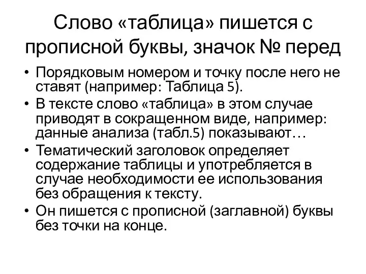 Слово «таблица» пишется с прописной буквы, значок № перед Порядковым номером и