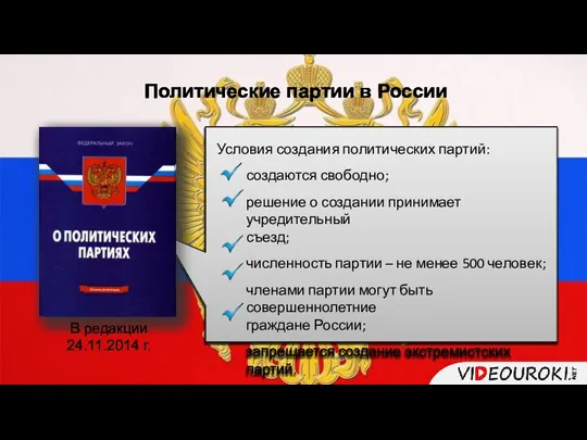 Условия создания политических партий: создаются свободно; решение о создании принимает учредительный съезд;