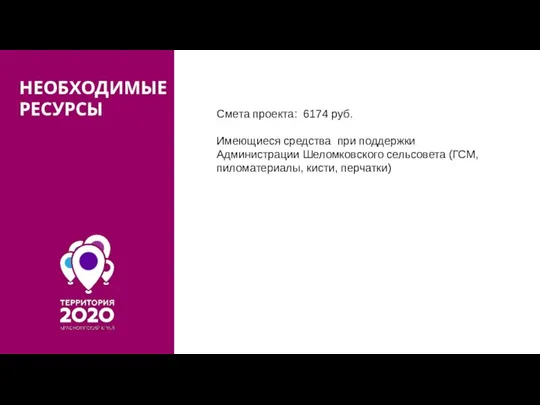 НЕОБХОДИМЫЕ РЕСУРСЫ Смета проекта: 6174 руб. Имеющиеся средства при поддержки Администрации Шеломковского