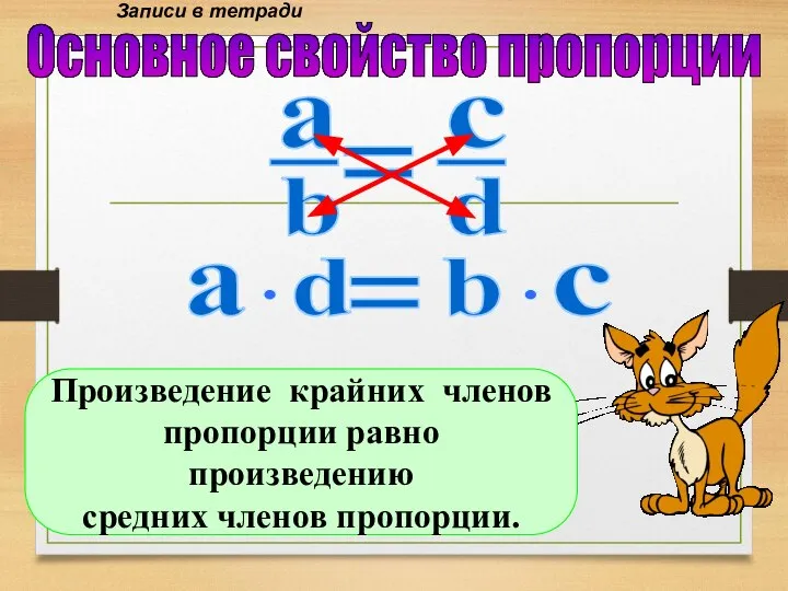 Основное свойство пропорции Произведение крайних членов пропорции равно произведению средних членов пропорции. Записи в тетради