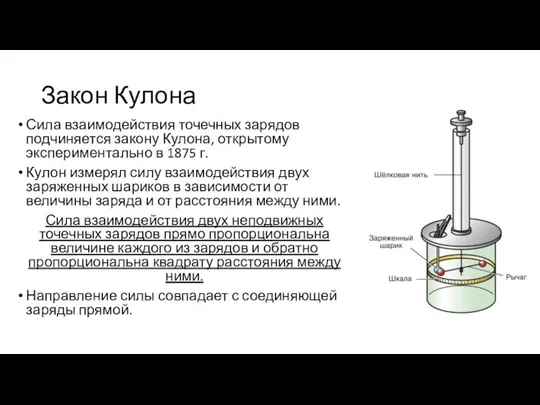 Закон Кулона Сила взаимодействия точечных зарядов подчиняется закону Кулона, открытому экспериментально в