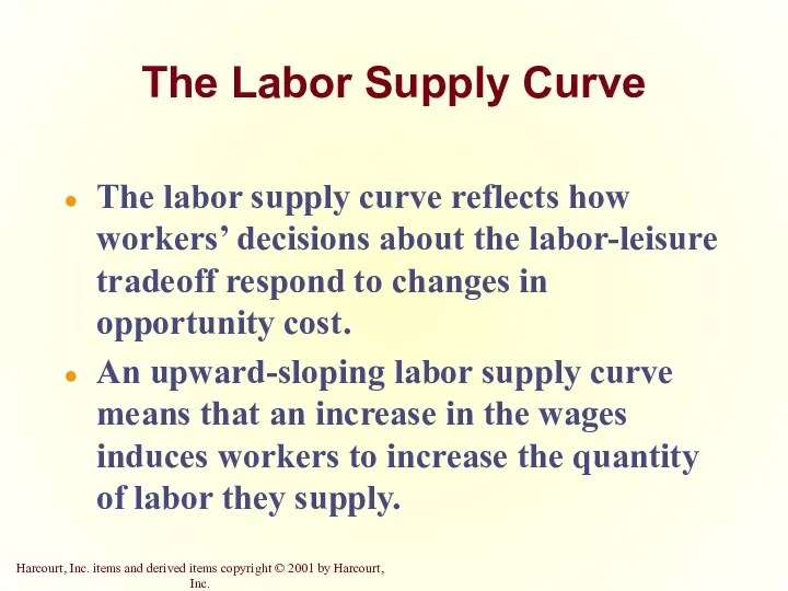 The Labor Supply Curve The labor supply curve reflects how workers’ decisions