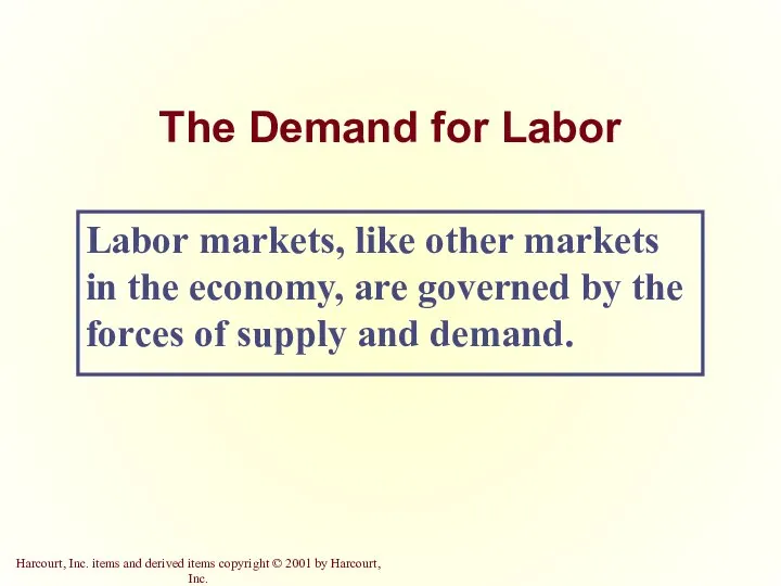 The Demand for Labor Labor markets, like other markets in the economy,