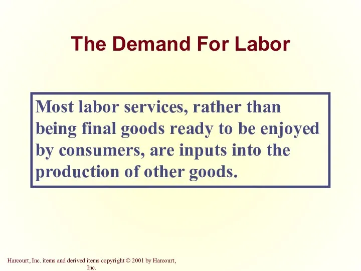 The Demand For Labor Most labor services, rather than being final goods