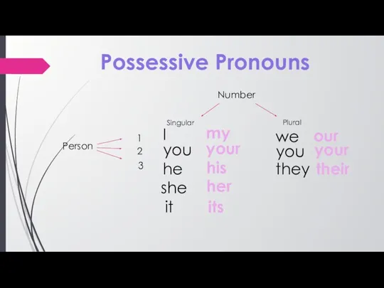 Possessive Pronouns Person 1 Number Singular Plural I you he she it