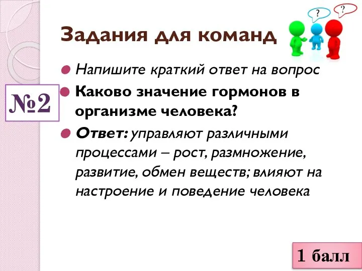 Задания для команд Напишите краткий ответ на вопрос Каково значение гормонов в