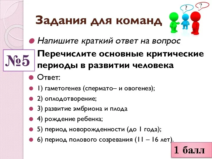 Задания для команд Напишите краткий ответ на вопрос Перечислите основные критические периоды