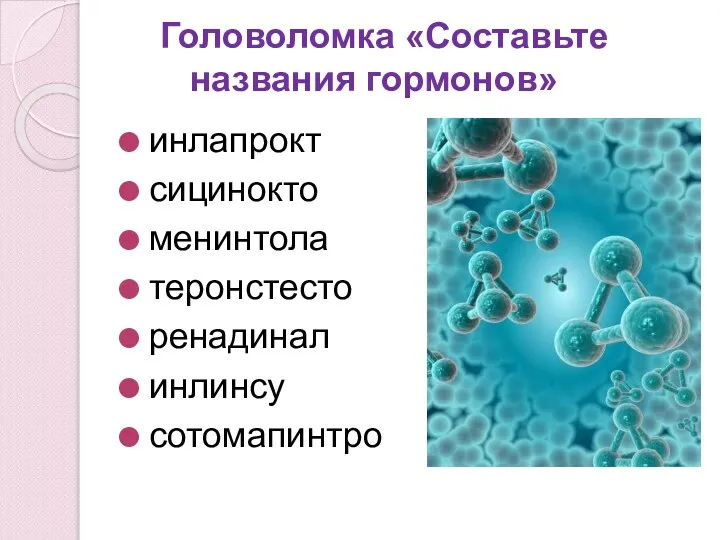 Головоломка «Составьте названия гормонов» инлапрокт сицинокто менинтола теронстесто ренадинал инлинсу сотомапинтро