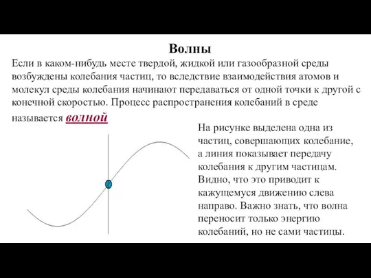 Волны Если в каком-нибудь месте твердой, жидкой или газообразной среды возбуждены колебания