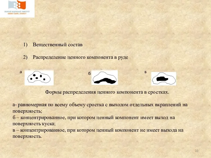 Вещественный состав Распределение ценного компонента в руде а б в Формы распределения