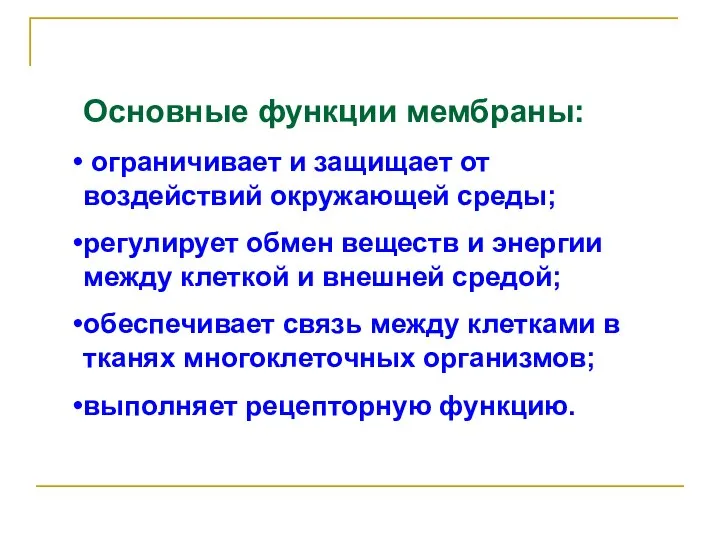 Основные функции мембраны: ограничивает и защищает от воздействий окружающей среды; регулирует обмен