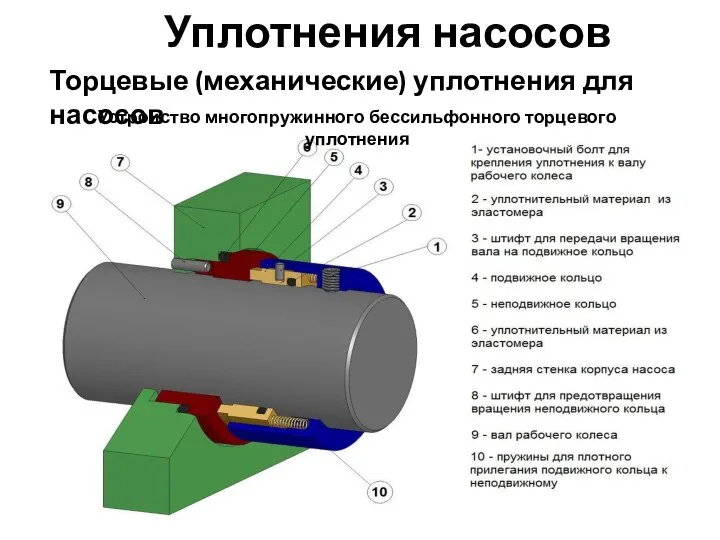 Уплотнения насосов Торцевые (механические) уплотнения для насосов Устройство многопружинного бессильфонного торцевого уплотнения