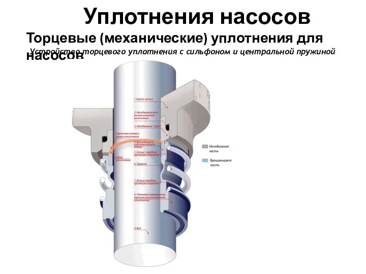 Уплотнения насосов Торцевые (механические) уплотнения для насосов Устройство торцевого уплотнения с сильфоном и центральной пружиной