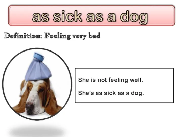 Definition: Feeling very bad She is not feeling well. She’s as sick as a dog.