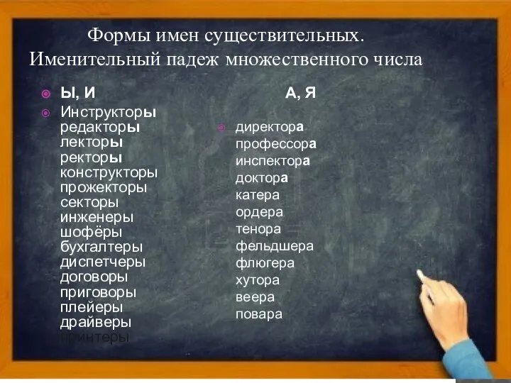 Формы имен существительных. Именительный падеж множественного числа Ы, И А, Я Инструкторы