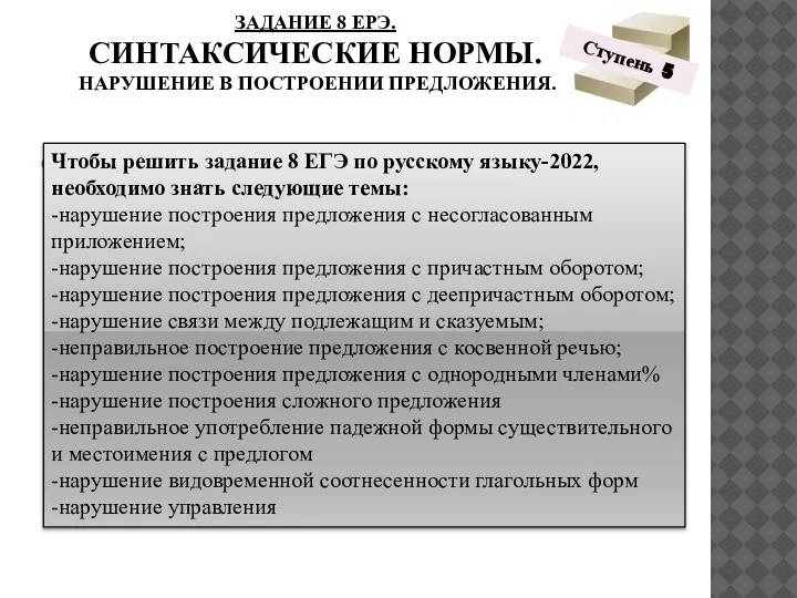 ЗАДАНИЕ 8 ЕРЭ. СИНТАКСИЧЕСКИЕ НОРМЫ. НАРУШЕНИЕ В ПОСТРОЕНИИ ПРЕДЛОЖЕНИЯ. . Чтобы решить