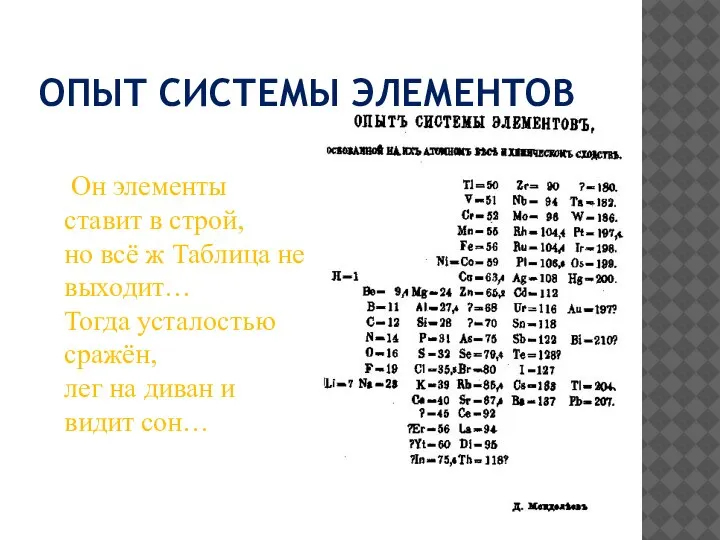 ОПЫТ СИСТЕМЫ ЭЛЕМЕНТОВ Он элементы ставит в строй, но всё ж Таблица