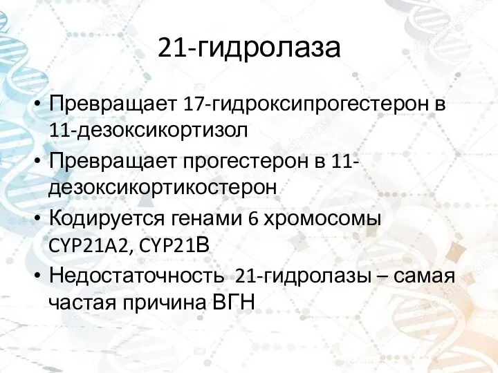 21-гидролаза Превращает 17-гидроксипрогестерон в 11-дезоксикортизол Превращает прогестерон в 11-дезоксикортикостерон Кодируется генами 6