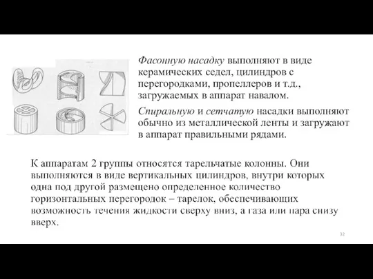 Фасонную насадку выполняют в виде керамических седел, цилиндров с перегородками, пропеллеров и