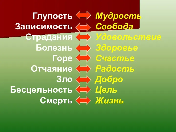 Глупость Зависимость Страдания Болезнь Горе Отчаяние Зло Бесцельность Смерть Мудрость Свобода Удовольствие